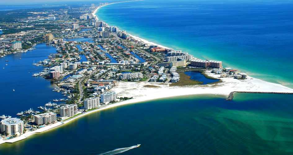Aerial view of Destin's Holiday Isle, Destin, Harbor, East Pass and the Gulf of Mexico